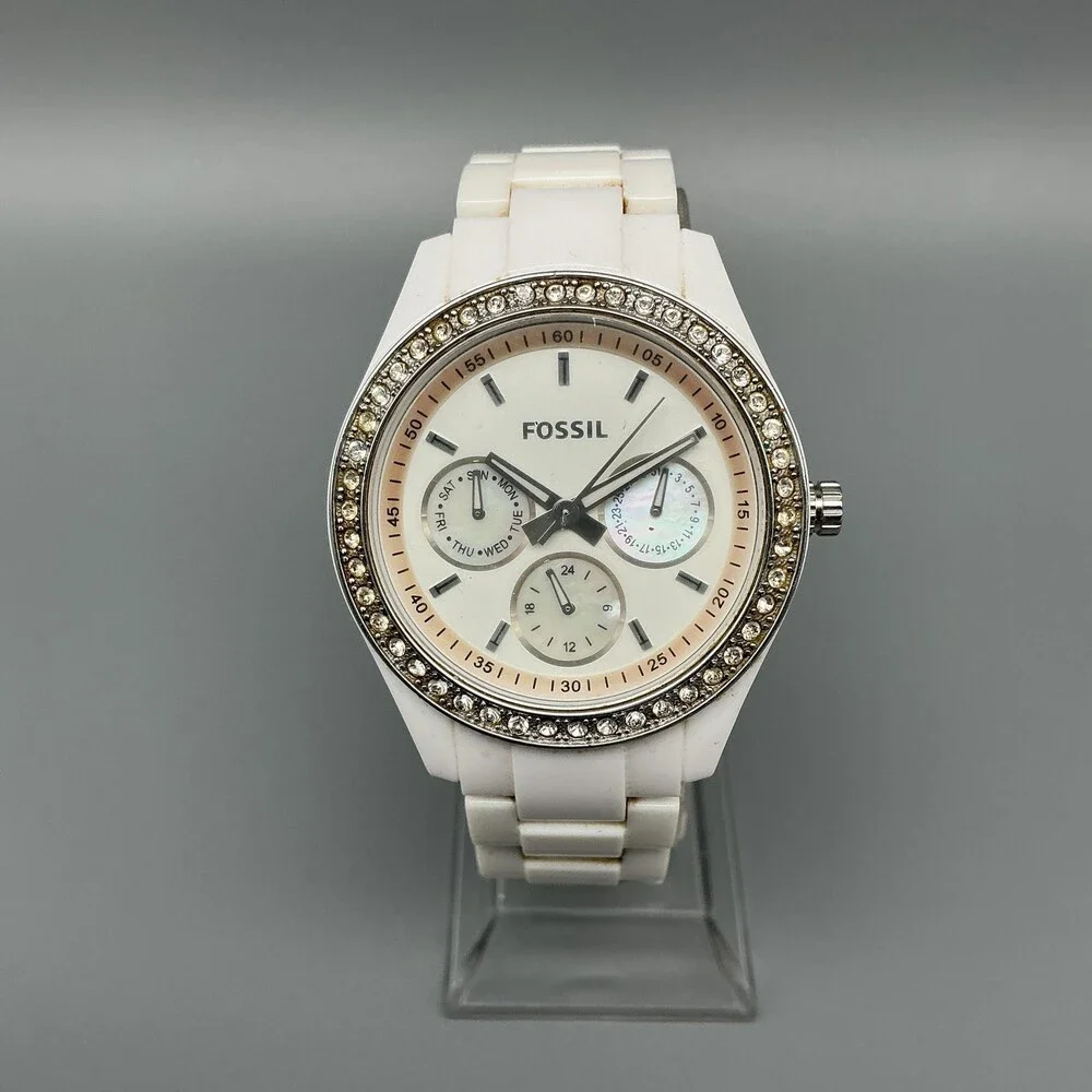 Fossil Stella ES-1967 Womens Watch 37mm White Dial White Resin New Battery 7